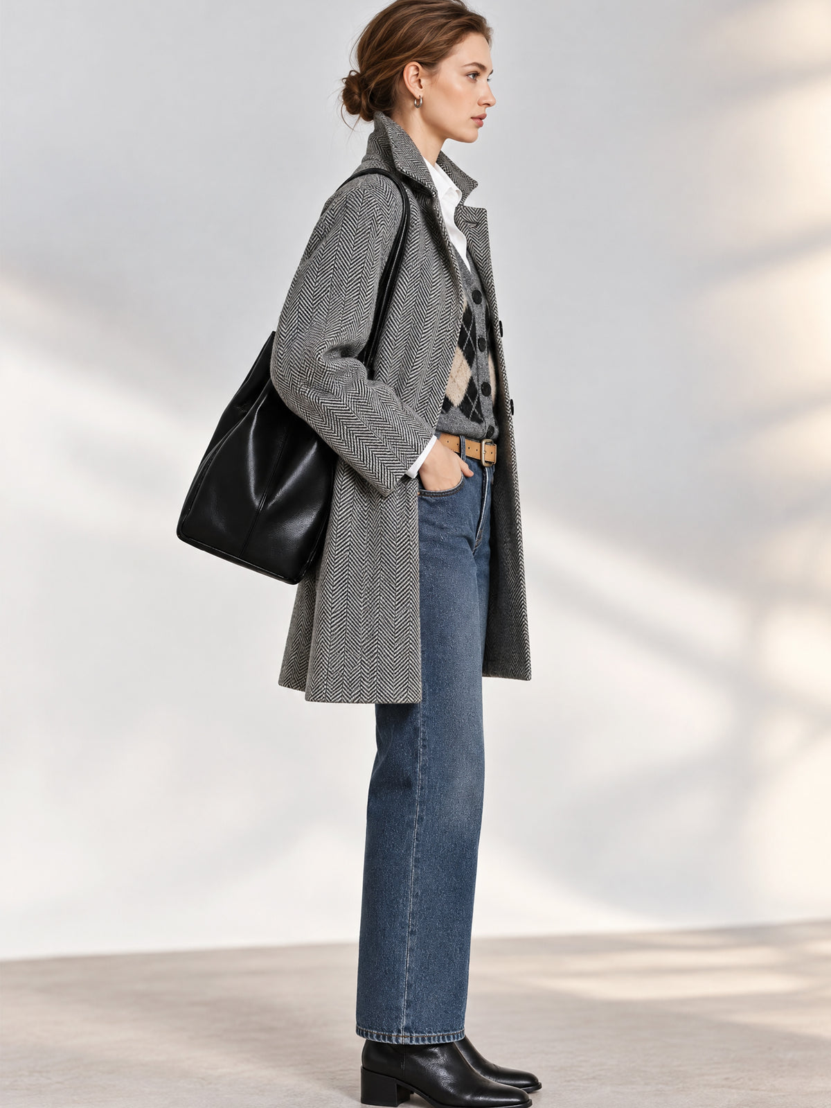 Herringbone Mid-Length Heavyweight Coat Overcoat