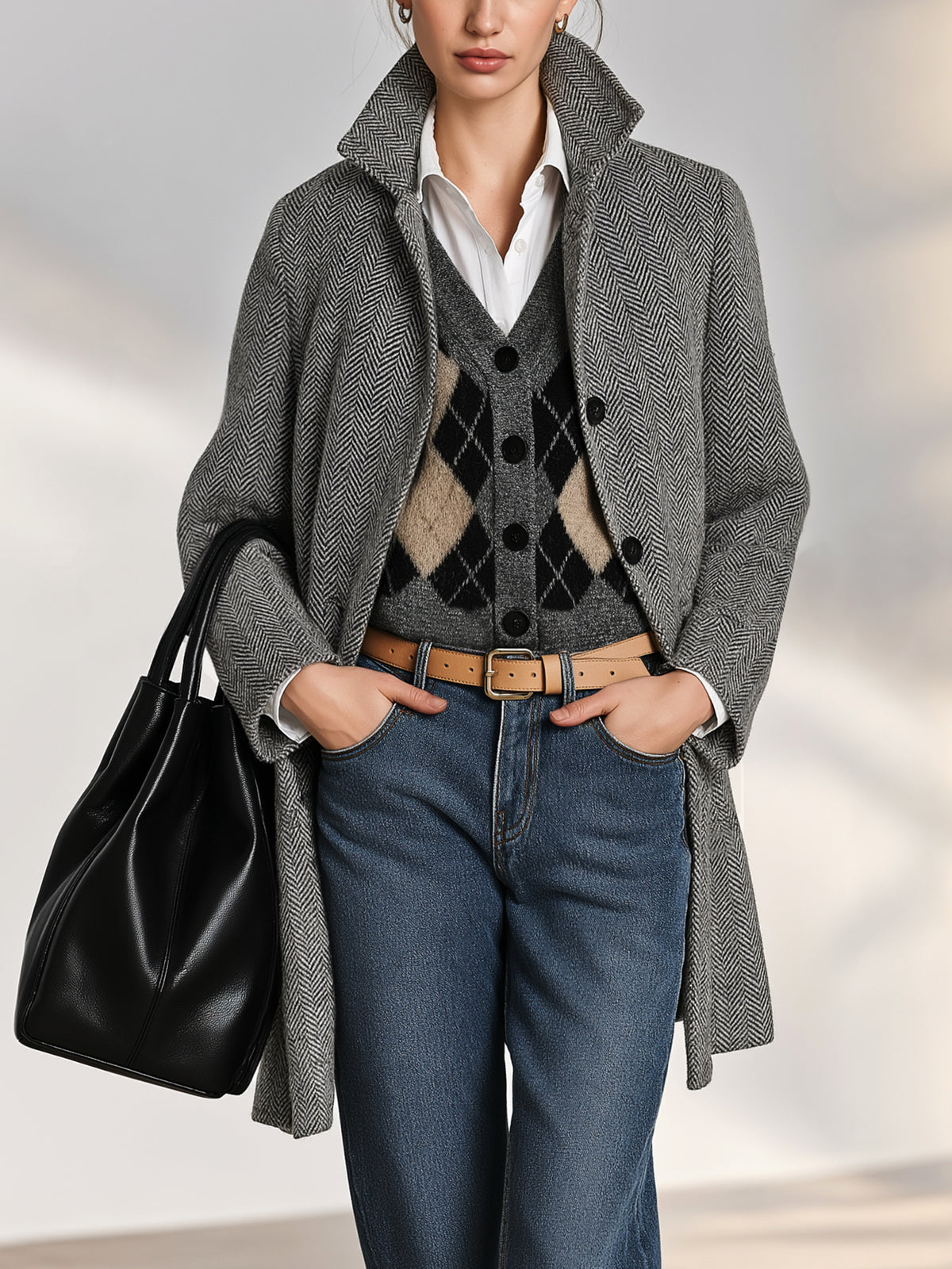 Herringbone Mid-Length Heavyweight Coat Overcoat