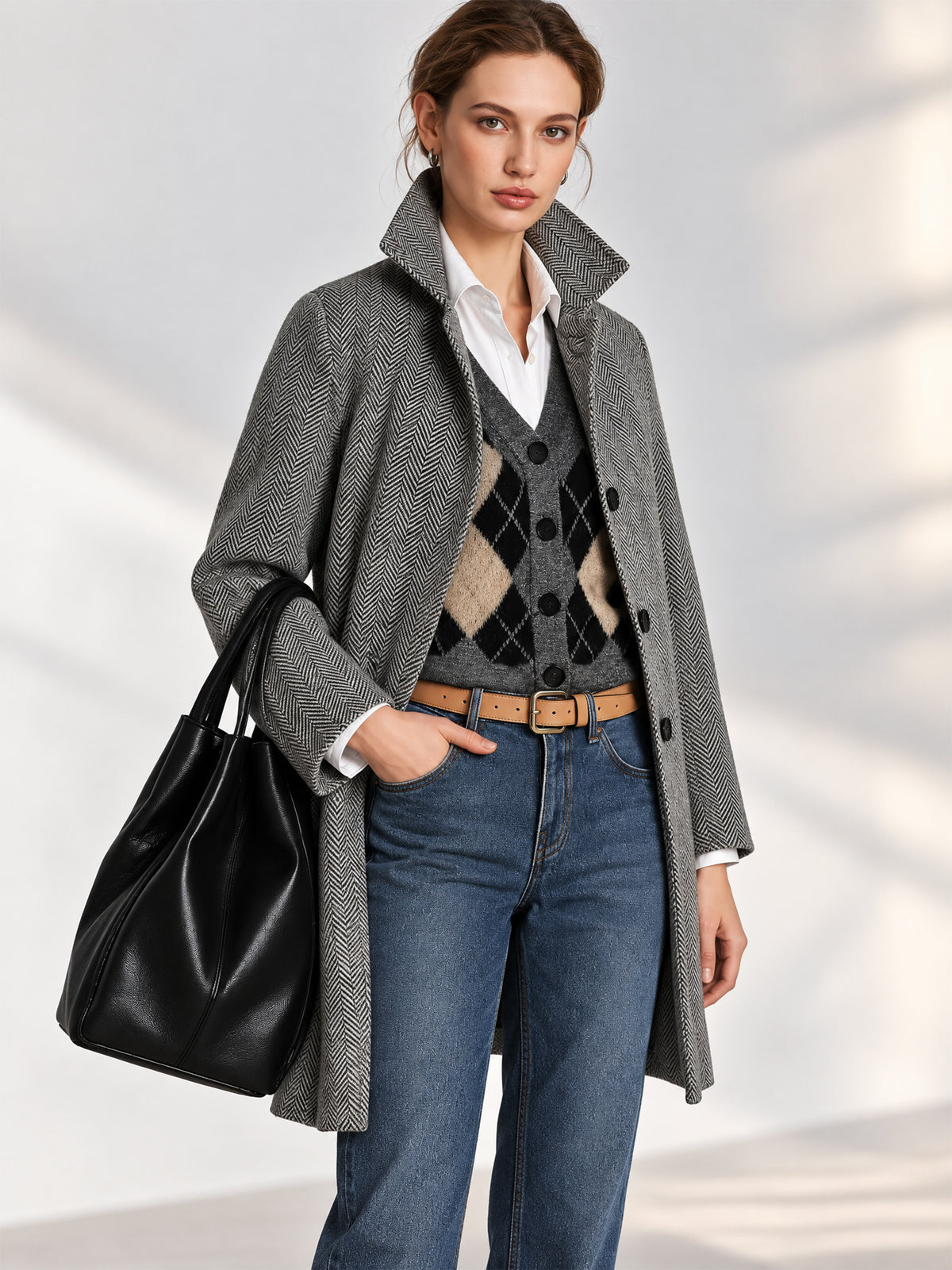 Herringbone Mid-Length Heavyweight Coat Overcoat