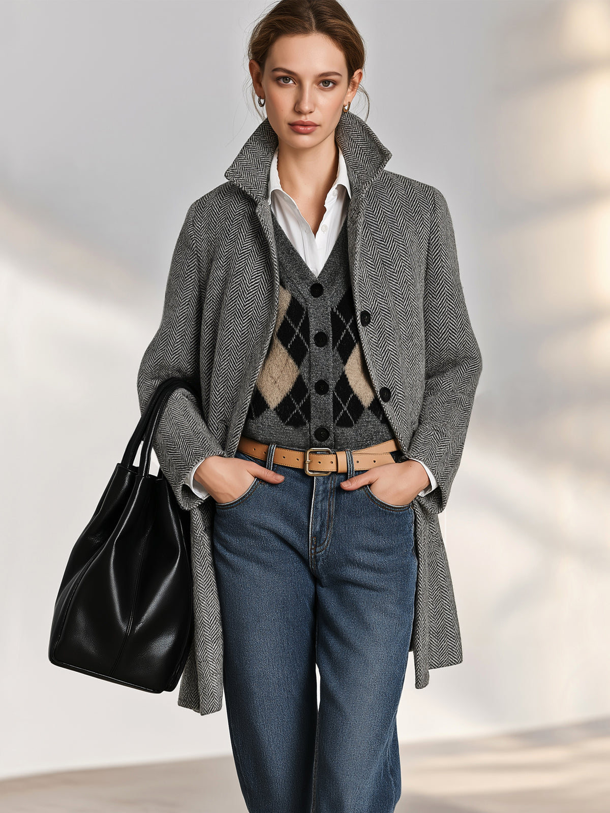 Herringbone Mid-Length Heavyweight Coat Overcoat