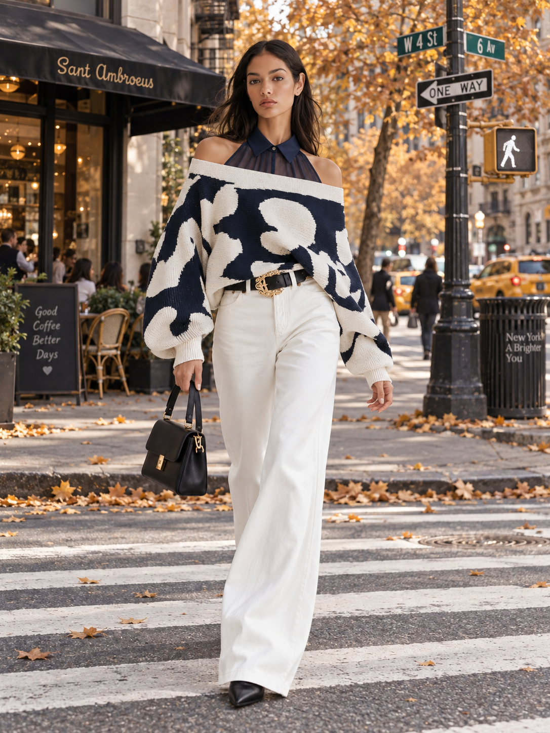 Off-the-shoulder Halter Neck Sweater In Beige And Navy Blue Color Blocking