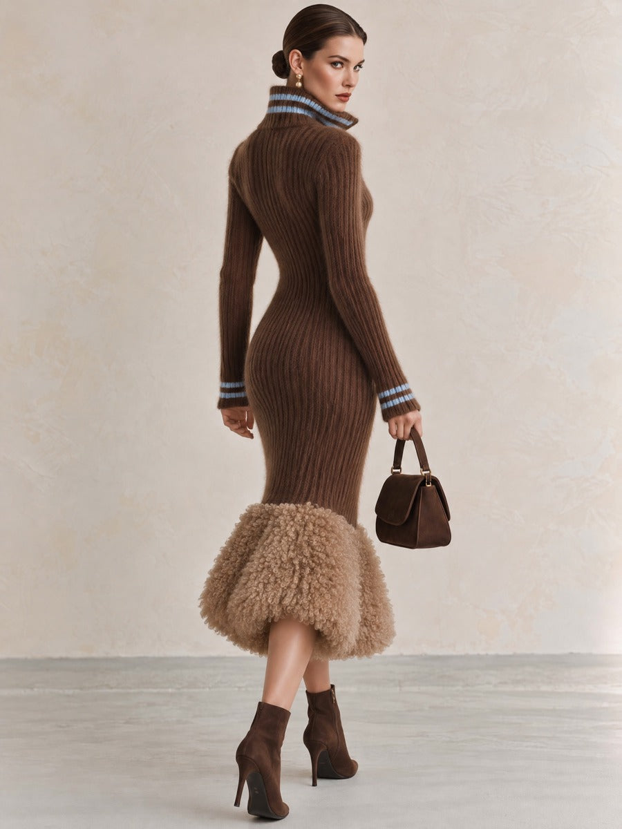 Brown Half-Zip Fuzzy Panel Knit Midi Dress