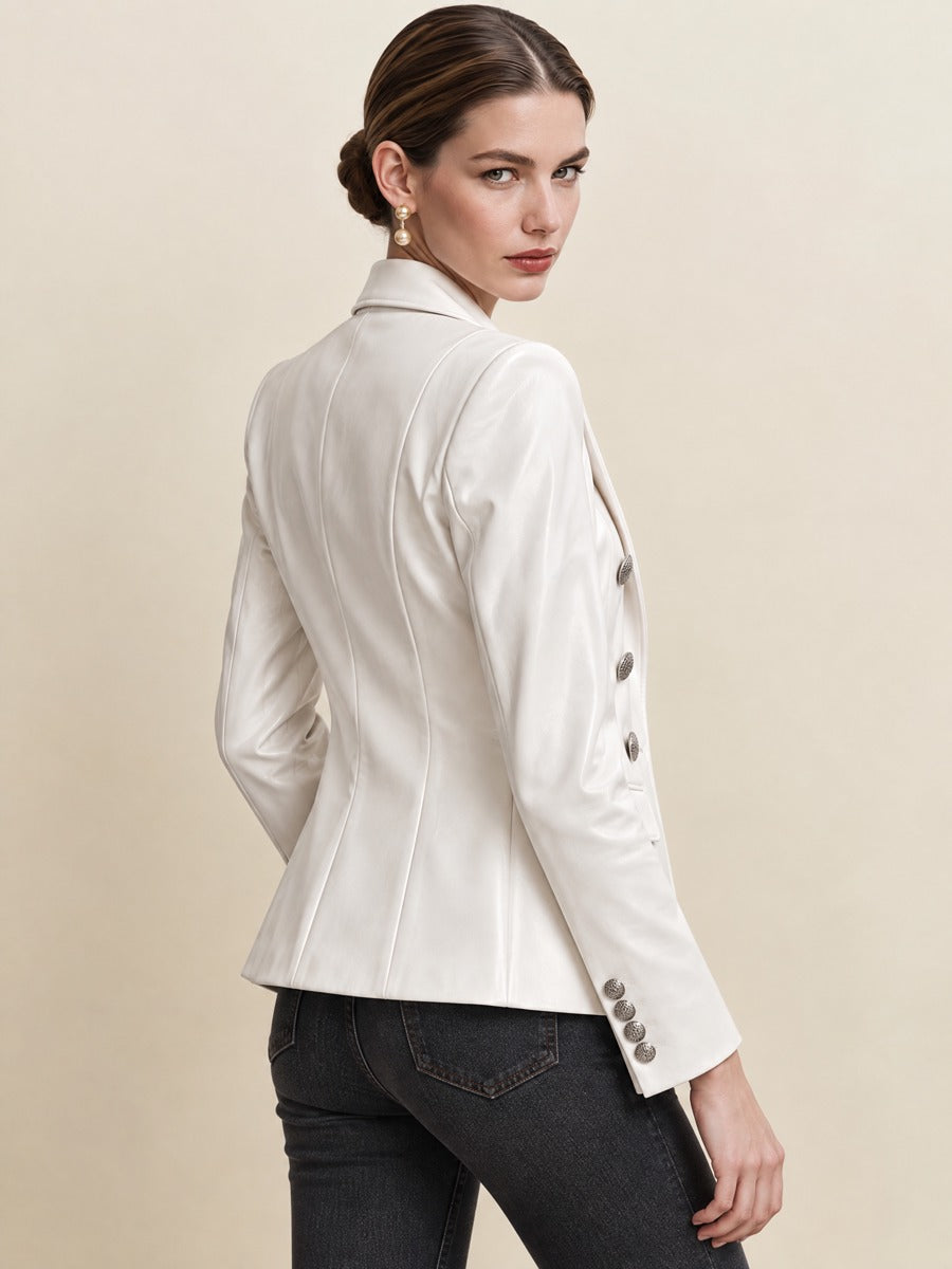 White Shiny Faux Leather Double Breasted Blazer