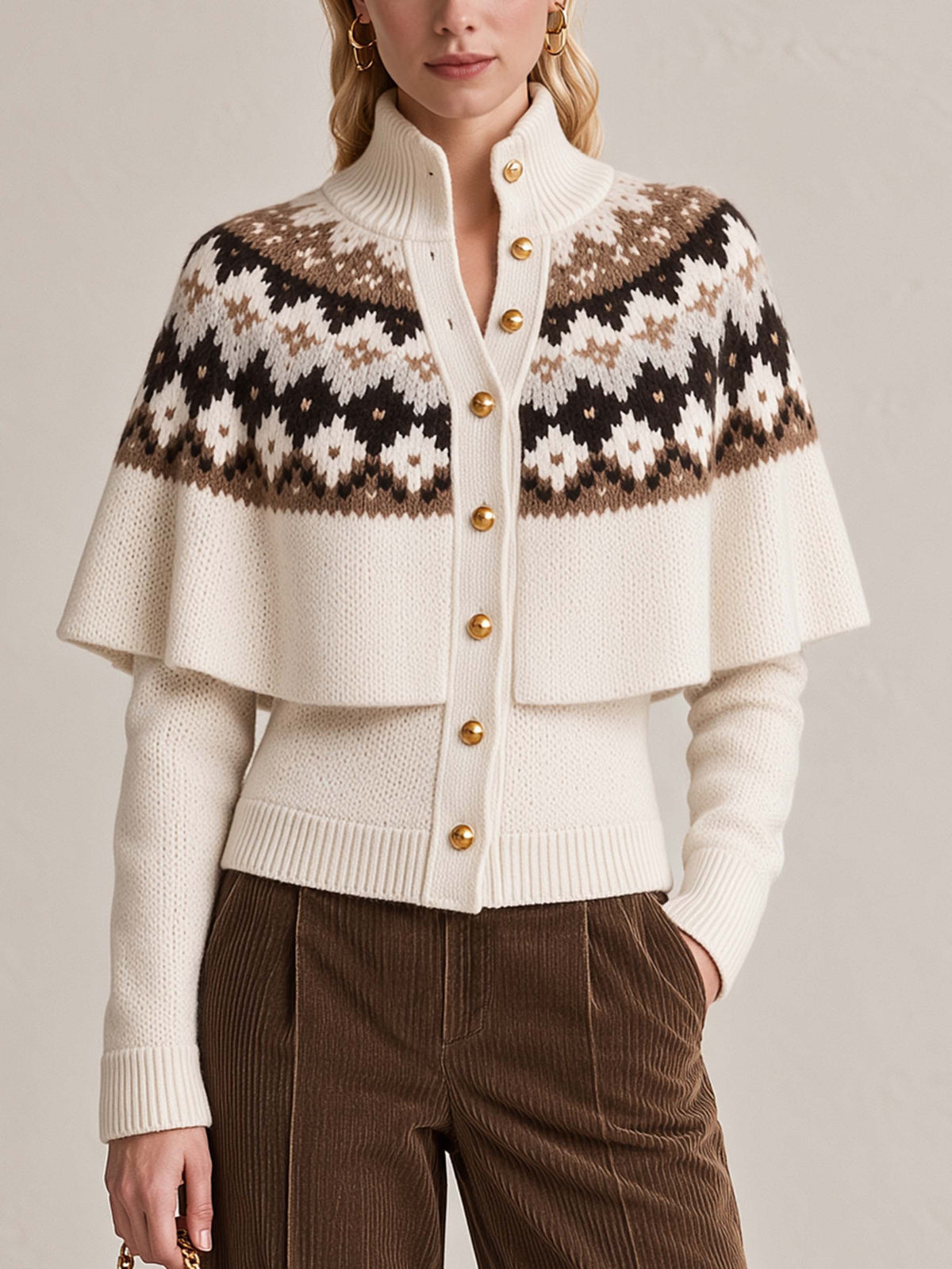 Cream Fair Isle Jacquard Cape Stand Collar Knit Cardigan
