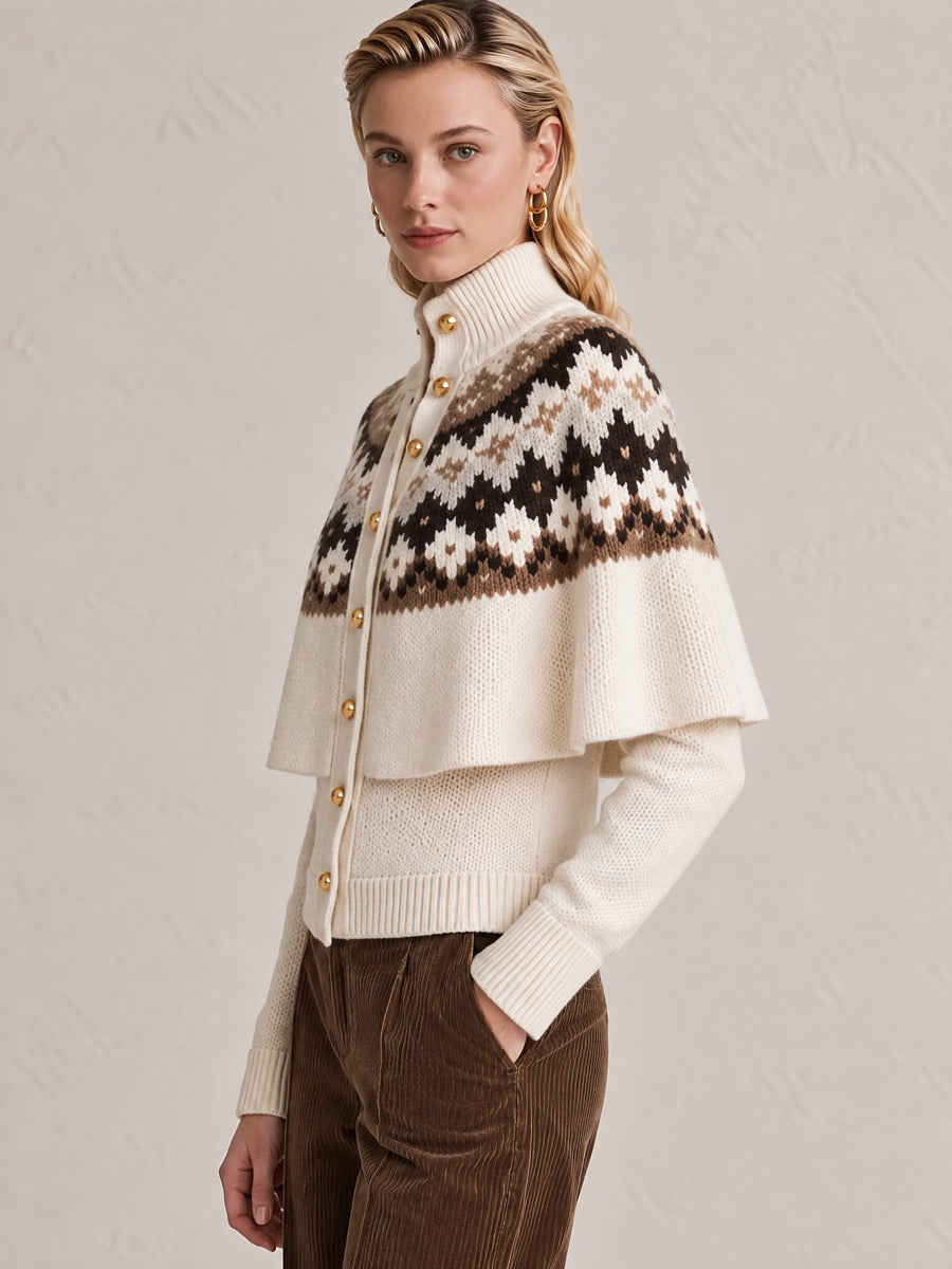 Cream Fair Isle Jacquard Cape Stand Collar Knit Cardigan