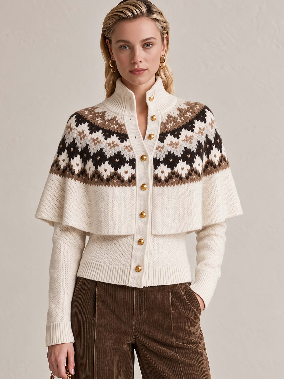 Cream Fair Isle Jacquard Cape Stand Collar Knit Cardigan