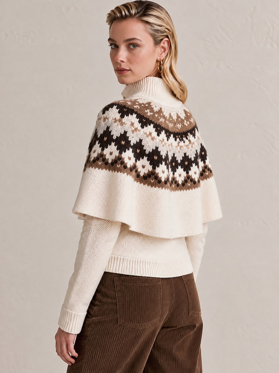 Cream Fair Isle Jacquard Cape Stand Collar Knit Cardigan