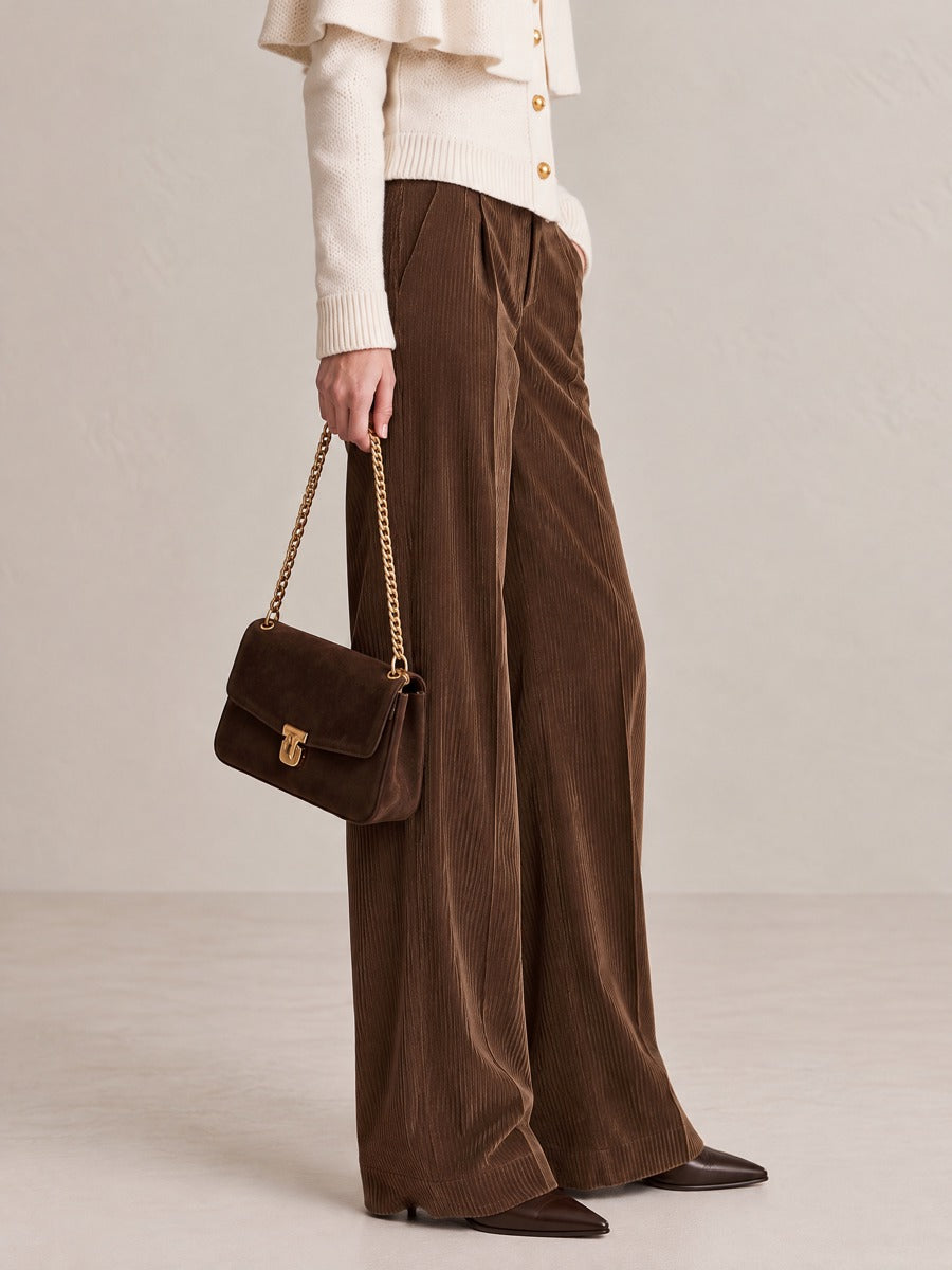 Deep Brown Textured High Waist Slimming Corduroy Wide Leg Pants