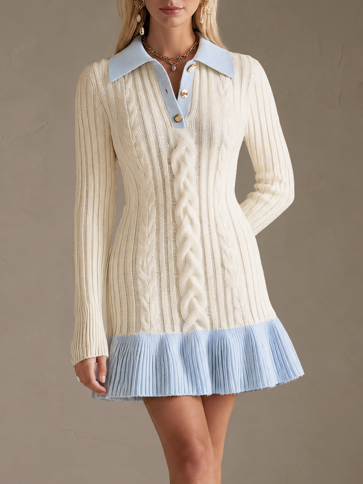 Elegant Ivory & Light Blue Contrast Wool Knit Mini Dress