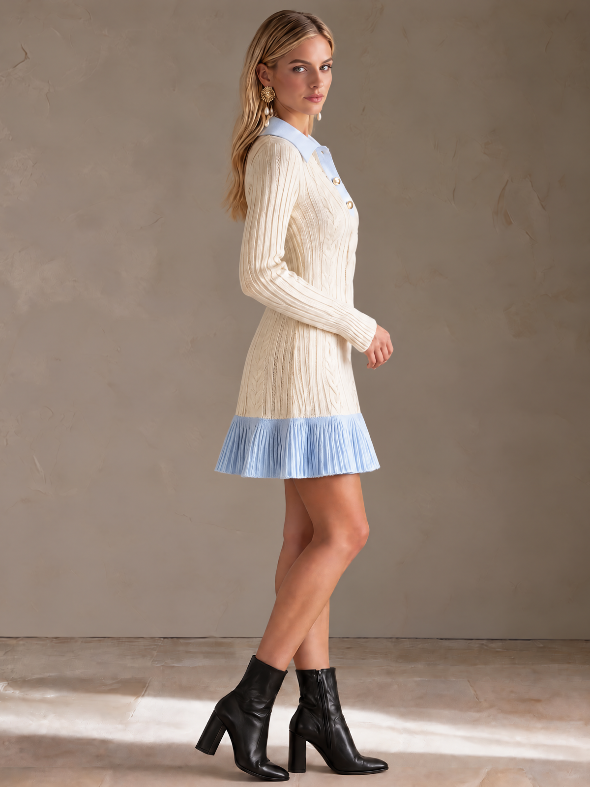 Elegant Ivory & Light Blue Contrast Wool Knit Mini Dress