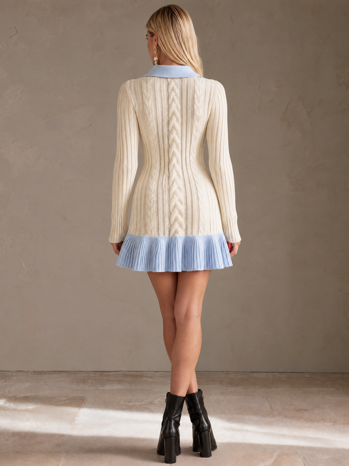 Elegant Ivory & Light Blue Contrast Wool Knit Mini Dress
