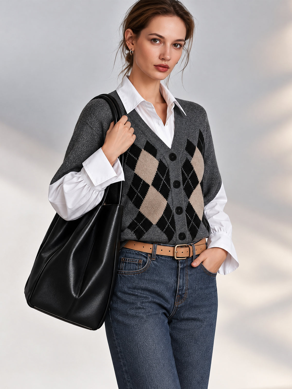 Argyle Wool Blend Faux Two-Piece Pullover Knitwear