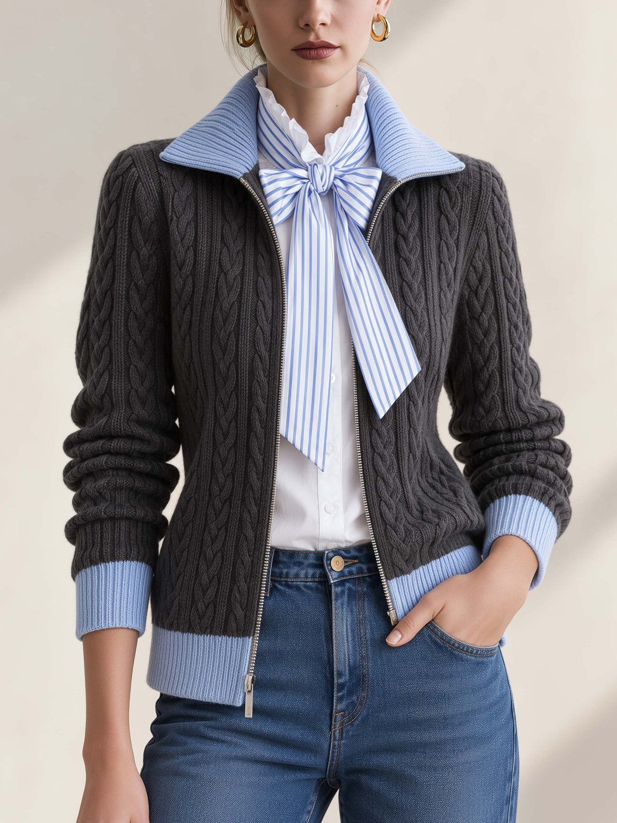1. Dark Grey Contrast Light Blue Collar Zip Cable Knit Cardigan
