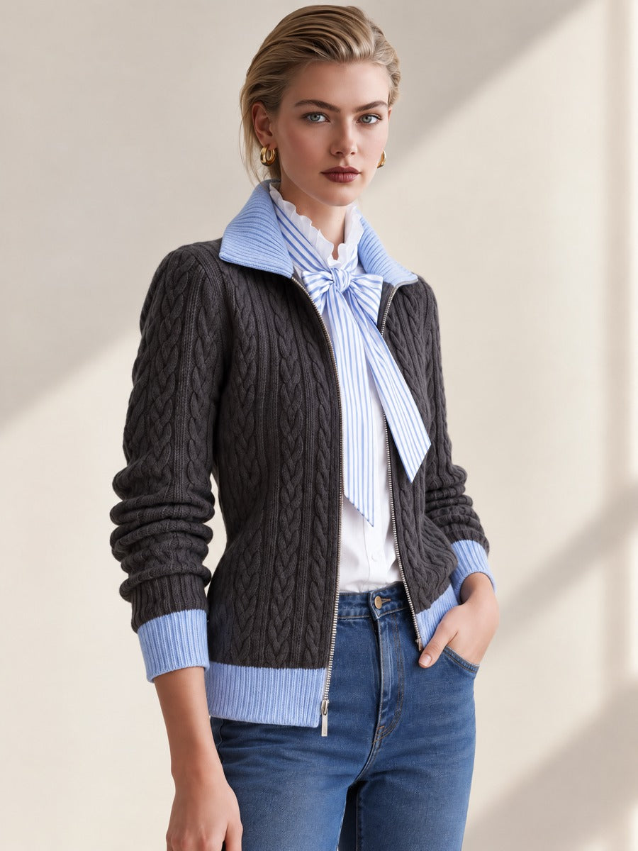1. Dark Grey Contrast Light Blue Collar Zip Cable Knit Cardigan