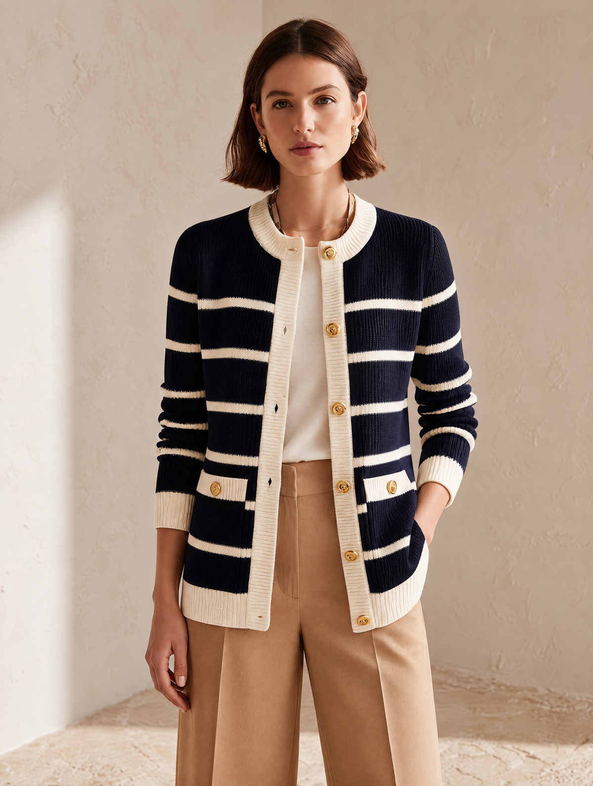 Elegant Navy & Ivory Striped Wool Knit Cardigan