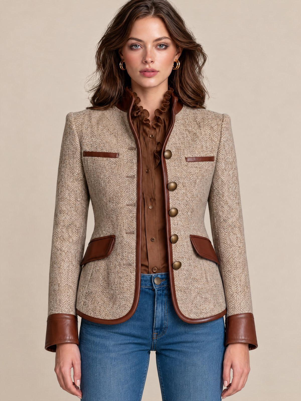 Brown Herringbone Suit With PU Leather Piping Trim