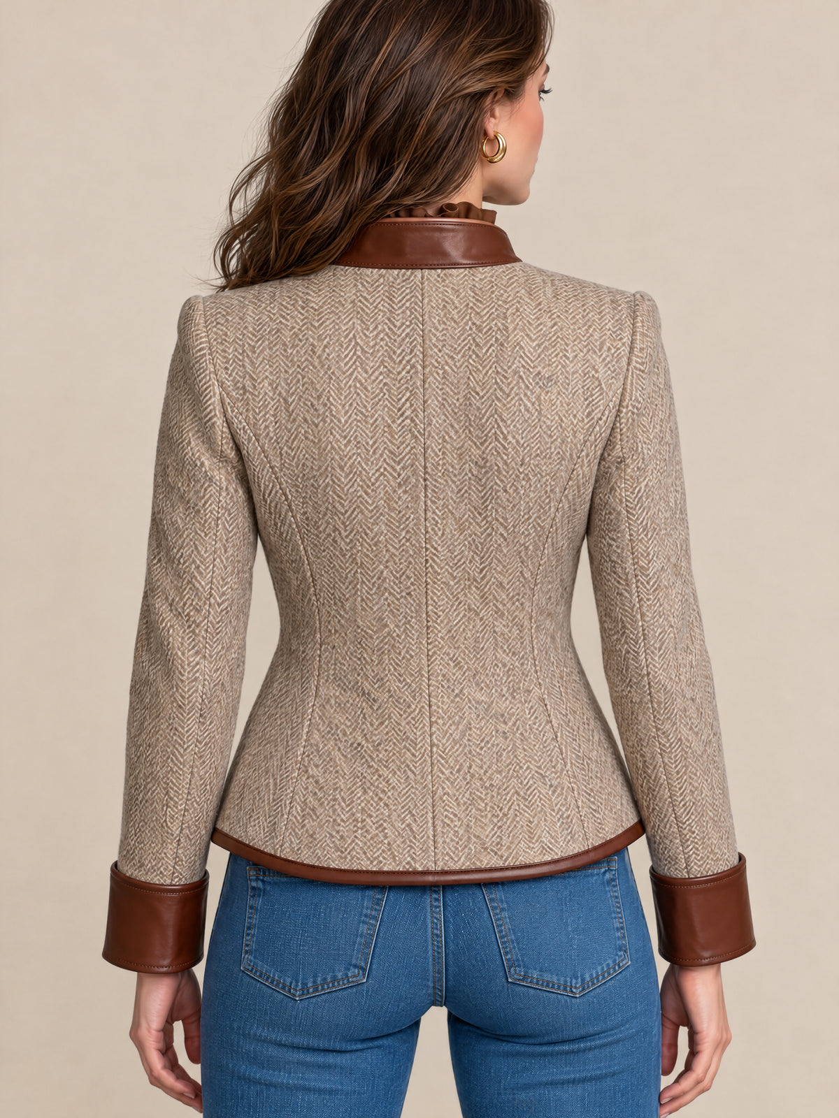 Brown Herringbone Suit With PU Leather Piping Trim