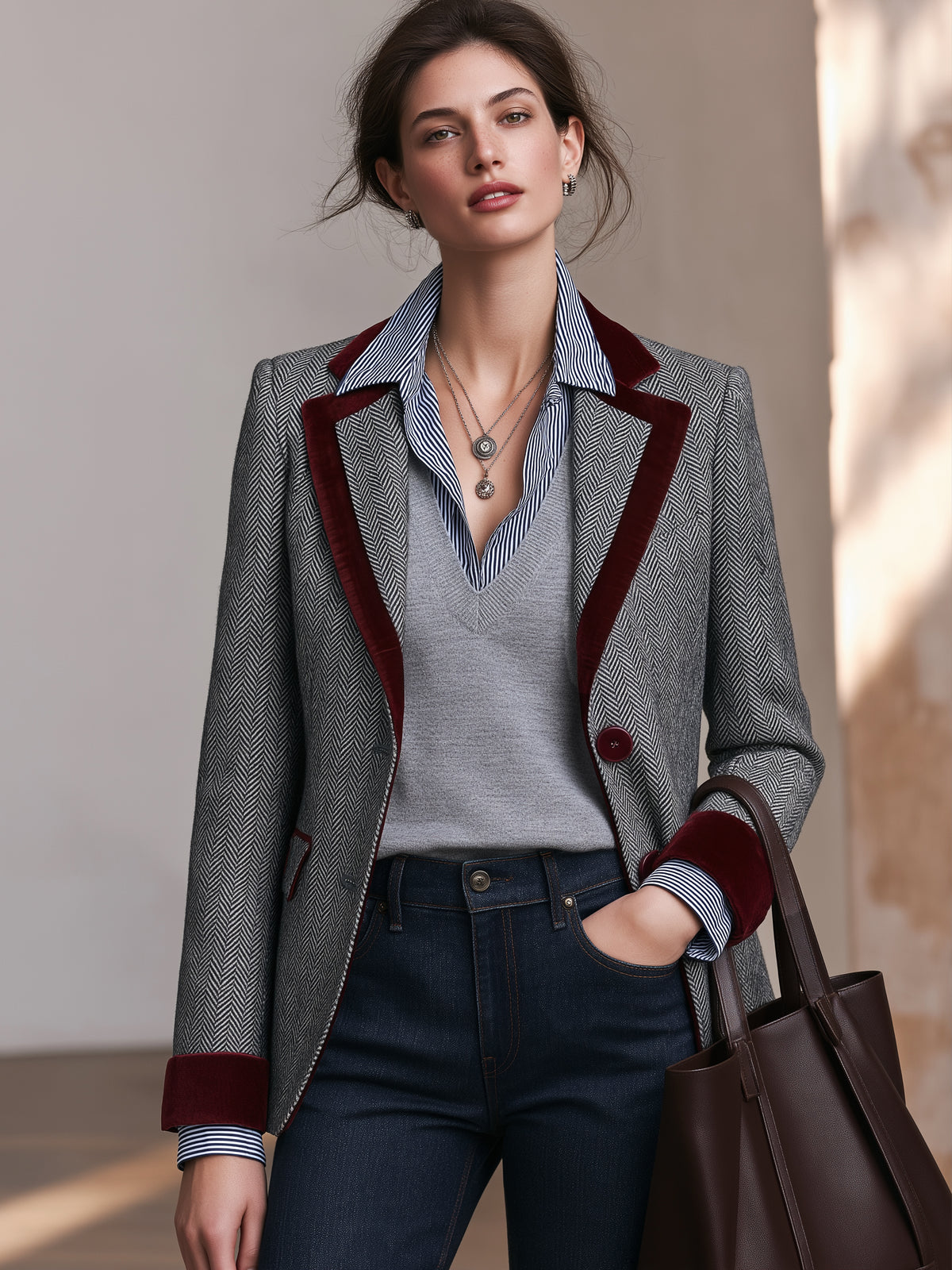 Herringbone Burgundy Velvet Contras Blazer Jacket