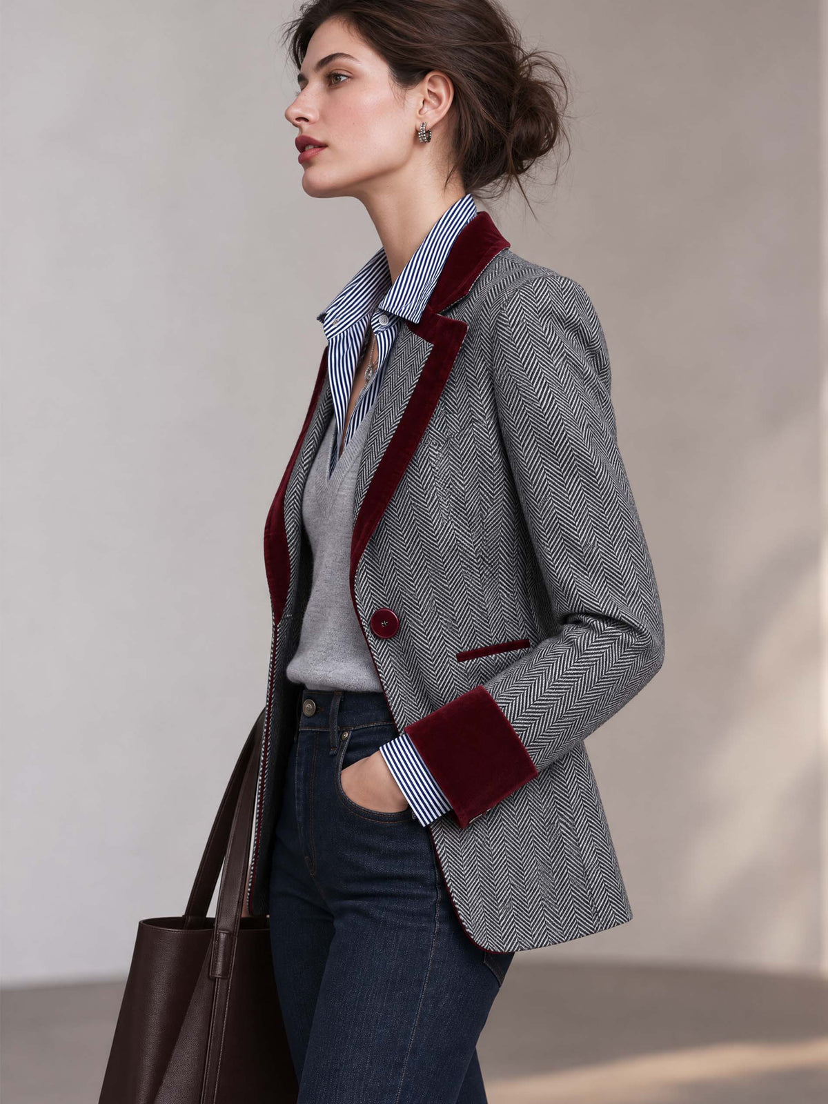 Herringbone Burgundy Velvet Contras Blazer Jacket