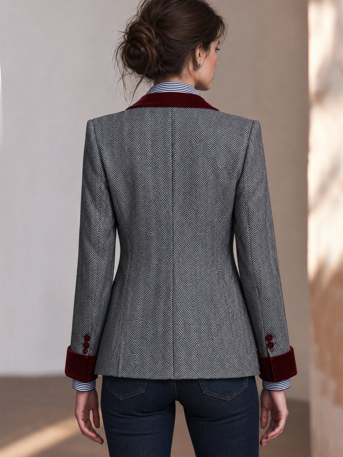 Herringbone Burgundy Velvet Contras Blazer Jacket