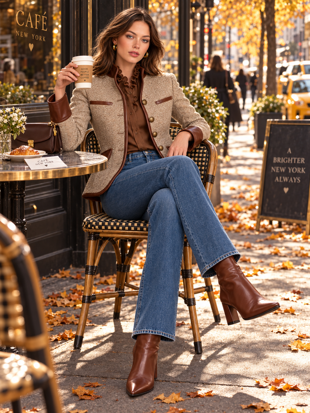 Brown Herringbone Suit With PU Leather Piping Trim