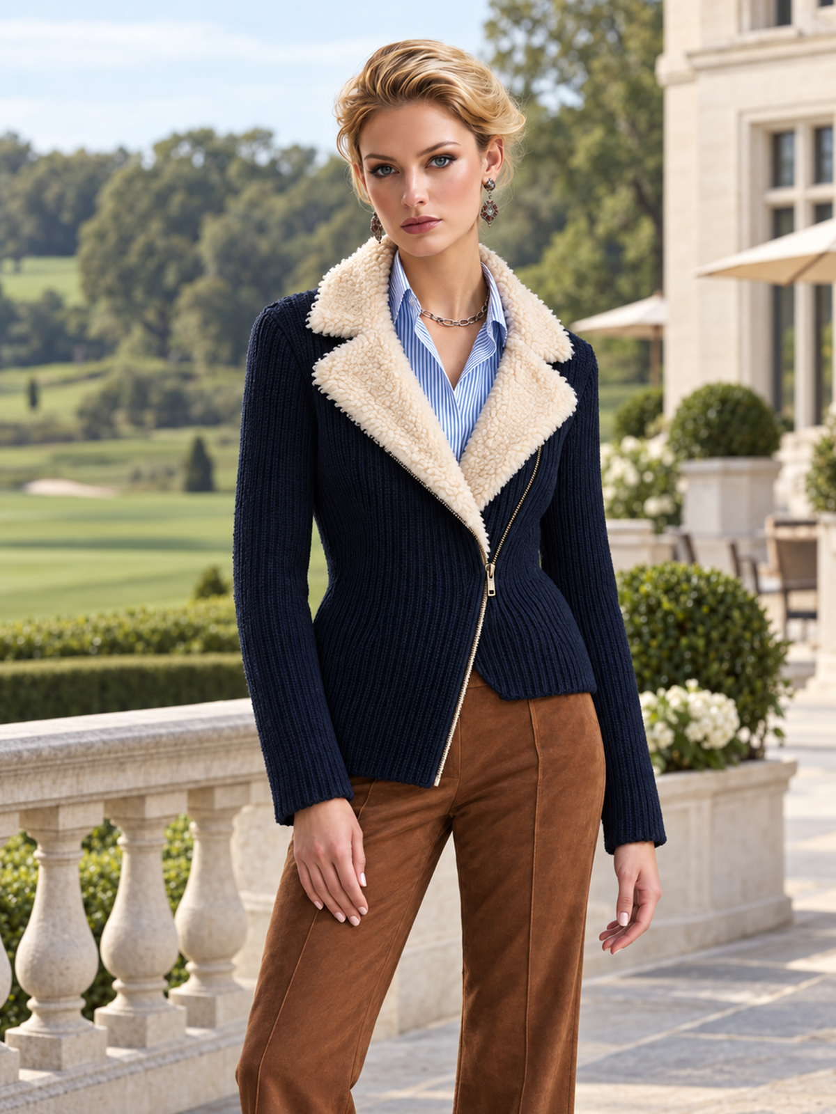 Elegant Navy Shearling-Collar Wool Knit Cardigan