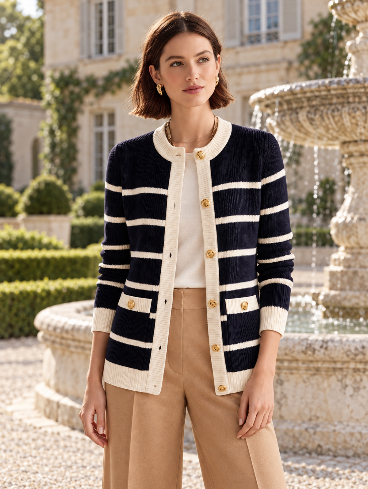 Elegant Navy & Ivory Striped Wool Knit Cardigan