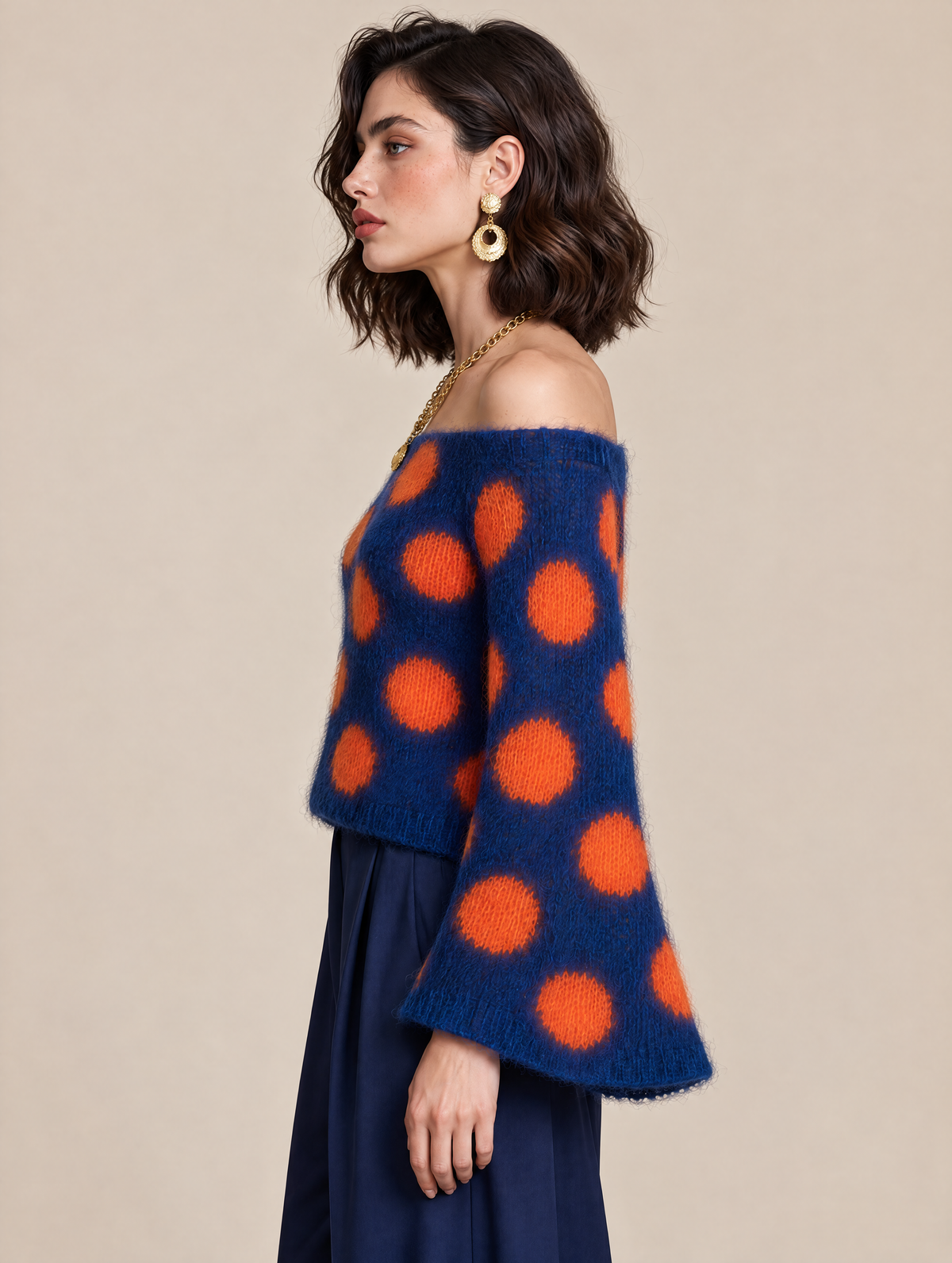 Navy And Orange Polka-dot Color-block Sweater With Flared Sleeves