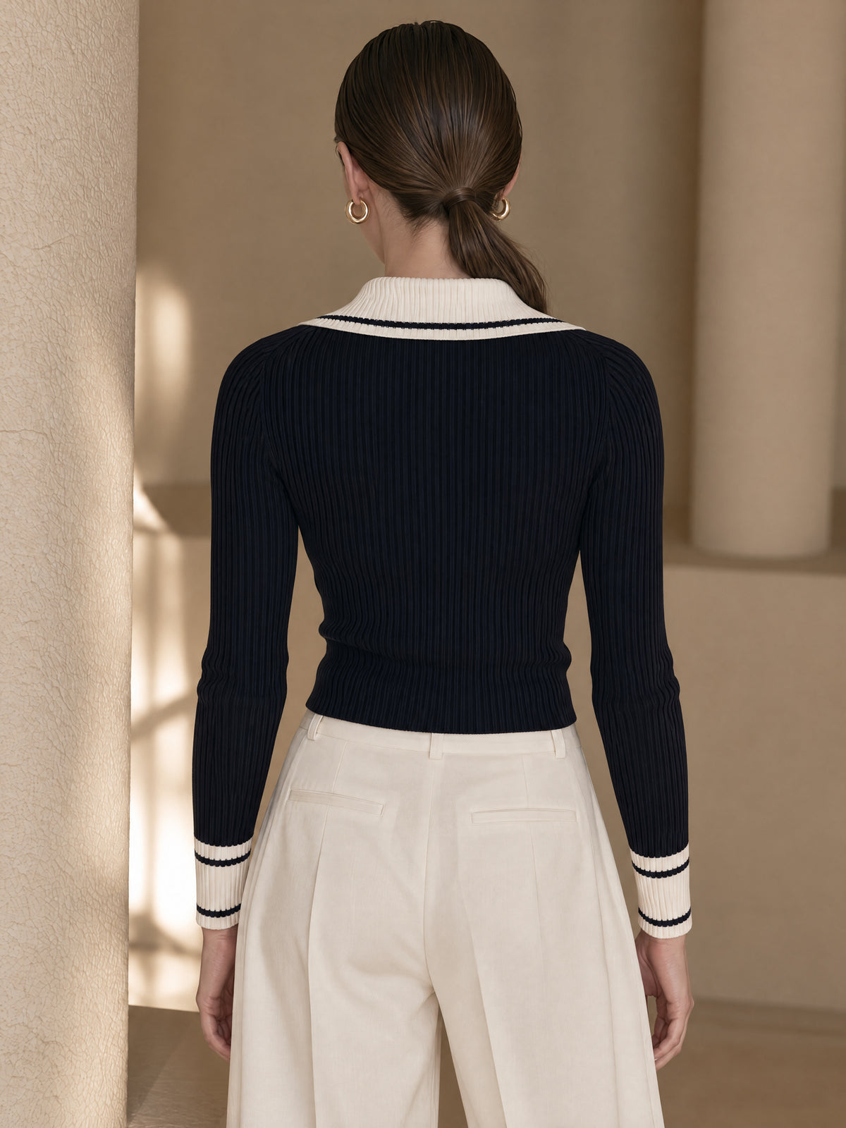 Navy Ribbed Knit Zip-Up Cardigan With Contrast Cream Collar And Striped Cuffs