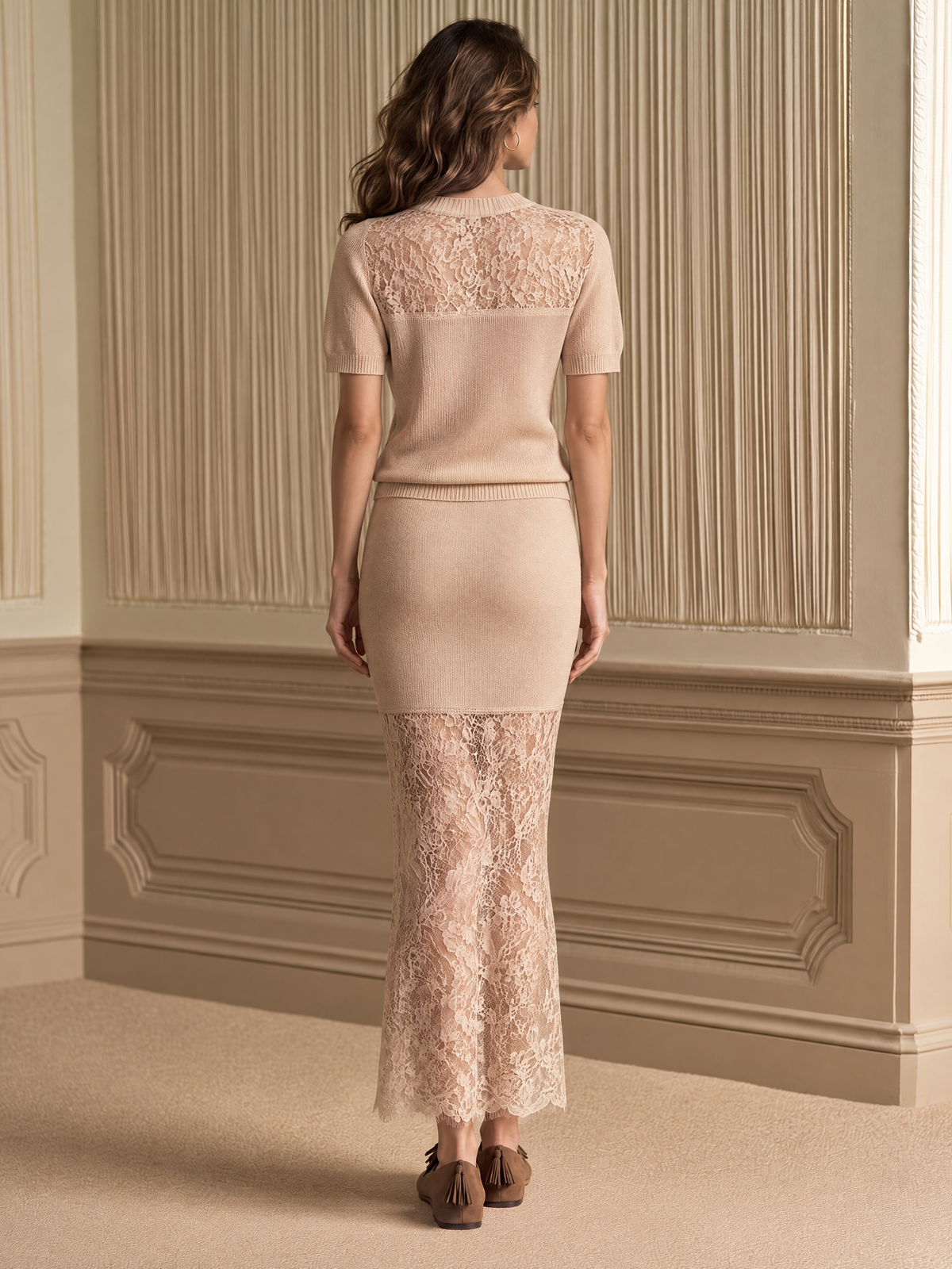 Pale Pink Lace And Knit Spliced dress