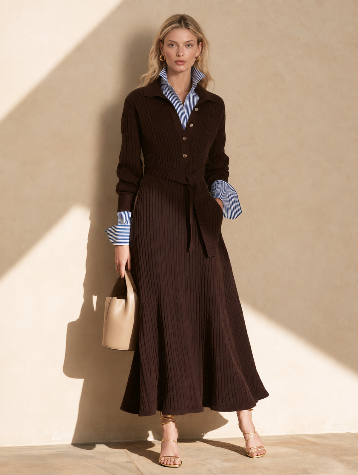 Chocolate Brown Cable Knit Belted Maxi Dress With Polo Collar