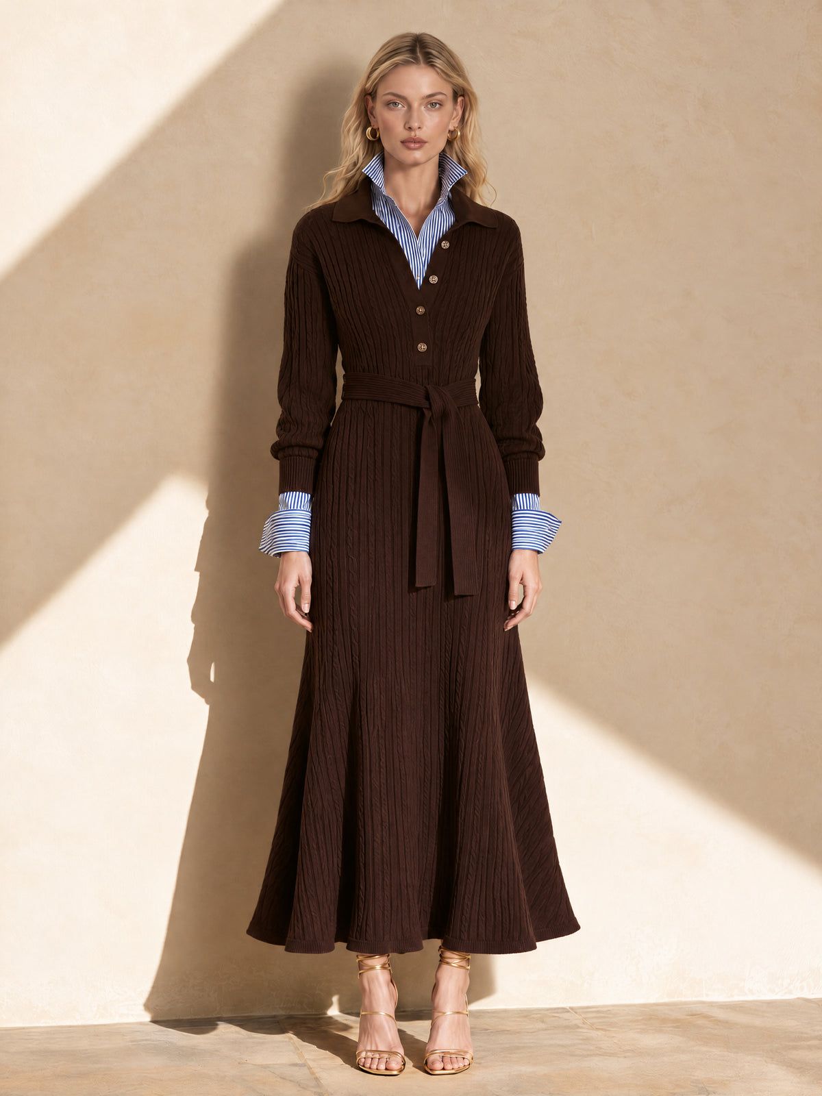 Chocolate Brown Cable Knit Belted Maxi Dress With Polo Collar
