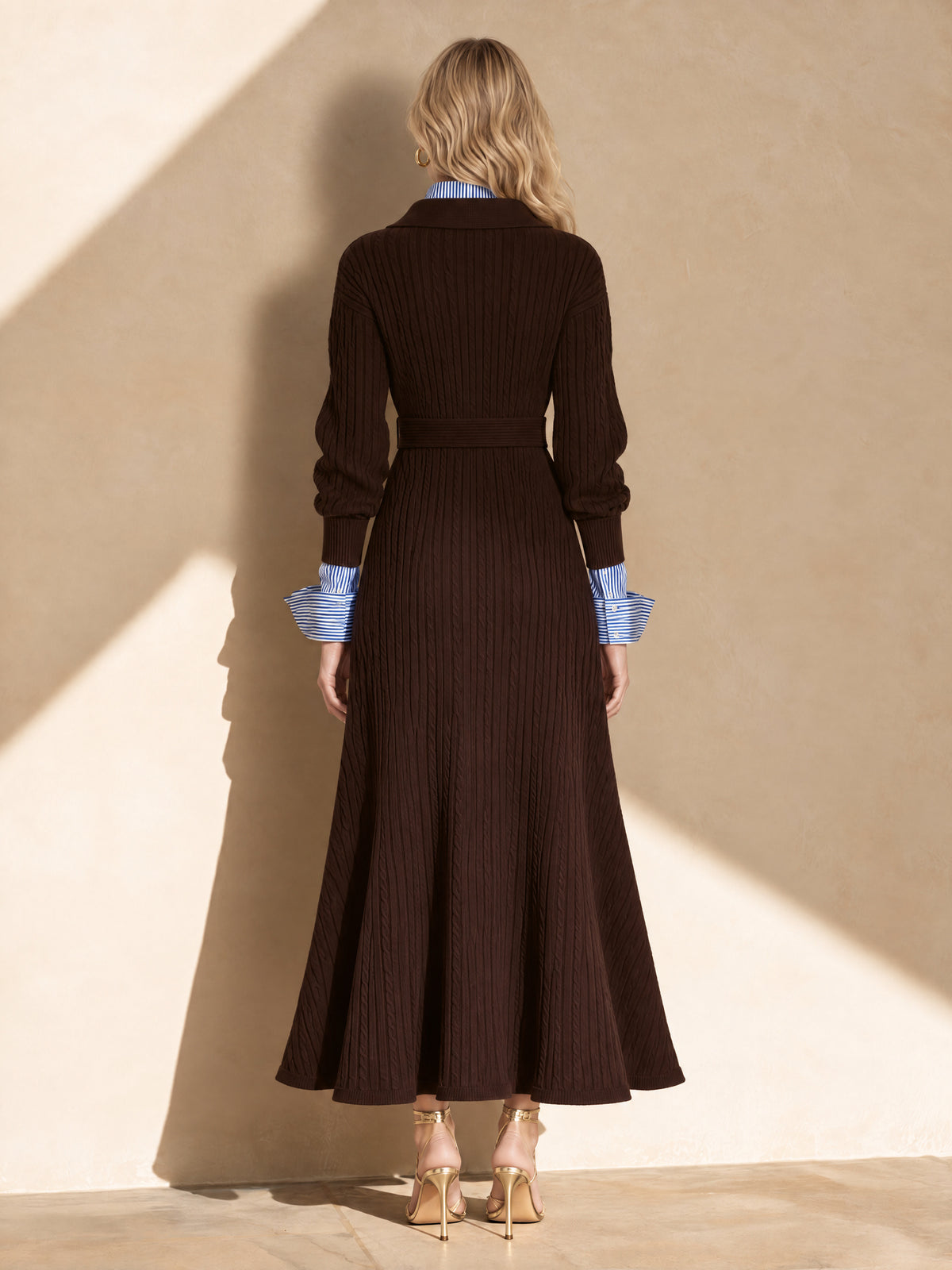 Chocolate Brown Cable Knit Belted Maxi Dress With Polo Collar