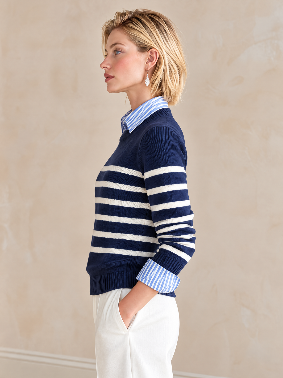 Navy Ivory Striped Shirt-Panel Faux-Layer Wool Knit Top