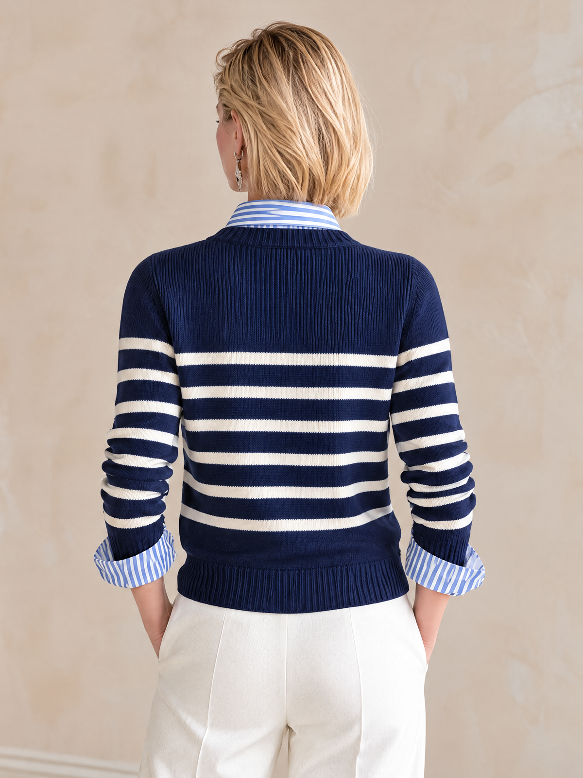 Navy Ivory Striped Shirt-Panel Faux-Layer Wool Knit Top