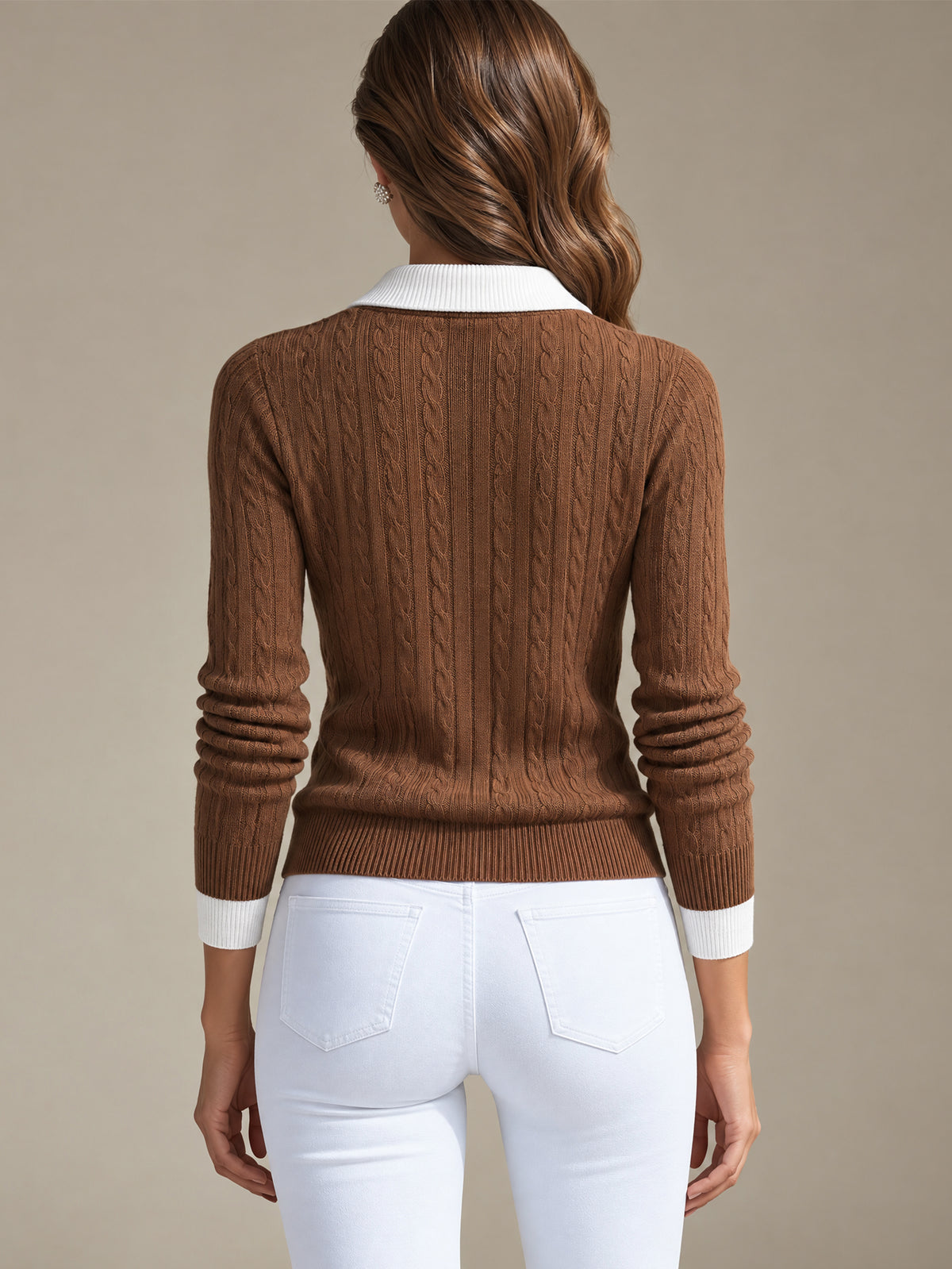Contrast Lace V-Neck & Collar Cable Knit Pullover Sweater