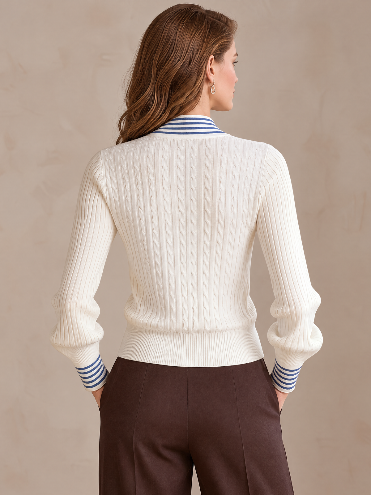 Ivory Blue Striped Bow-Neck Wool Knit Top