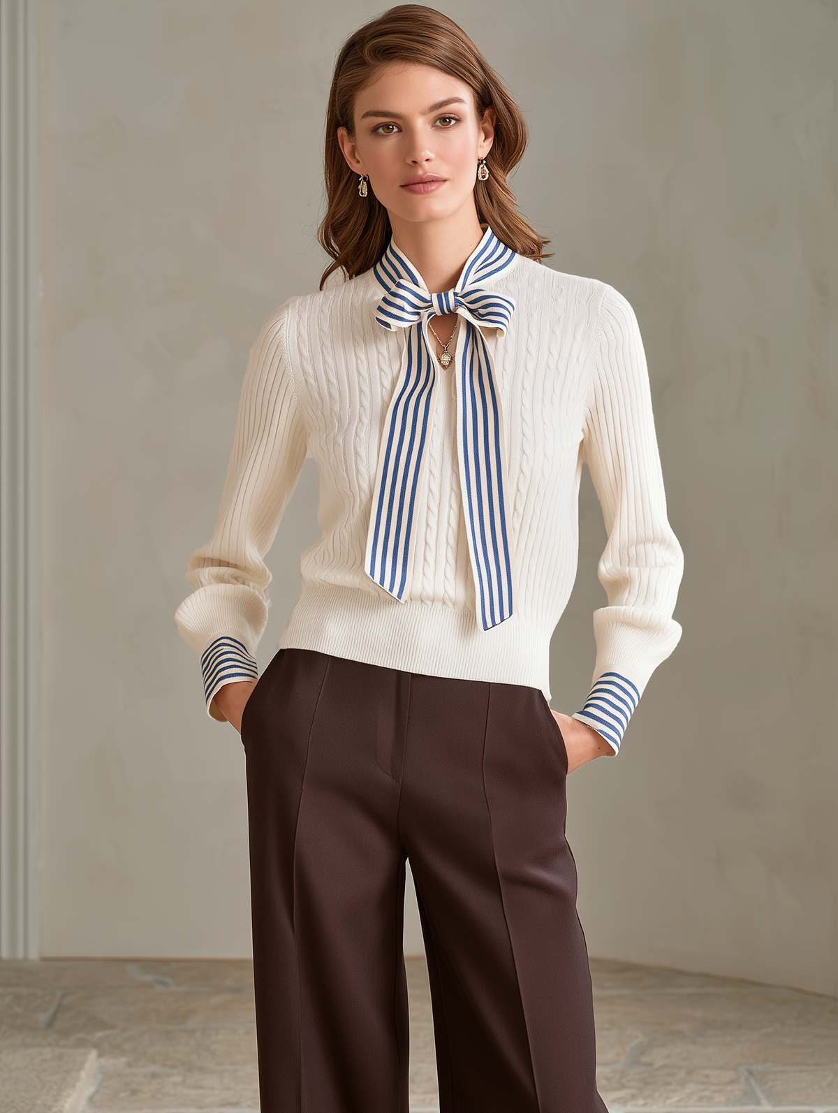 Ivory Blue Striped Bow-Neck Wool Knit Top