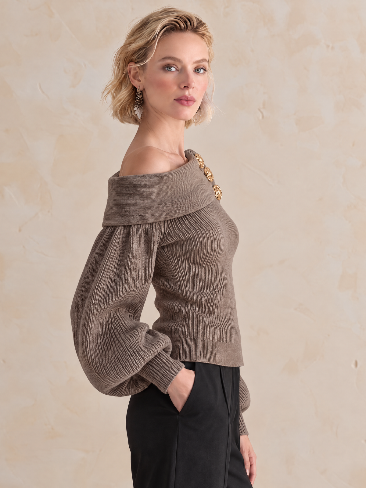 Taupe Off-Shoulder Foldover Collar Balloon-Sleeve Wool Knit Top
