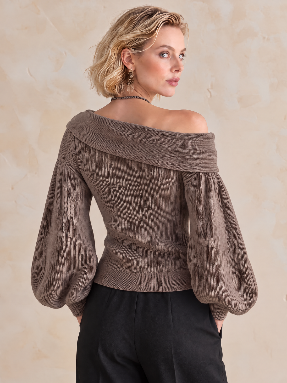 Taupe Off-Shoulder Foldover Collar Balloon-Sleeve Wool Knit Top