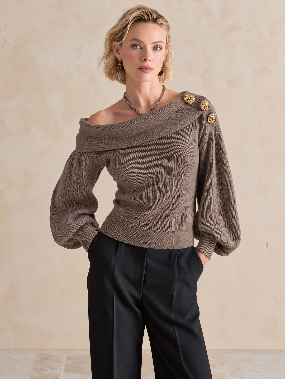 Taupe Off-Shoulder Foldover Collar Balloon-Sleeve Wool Knit Top
