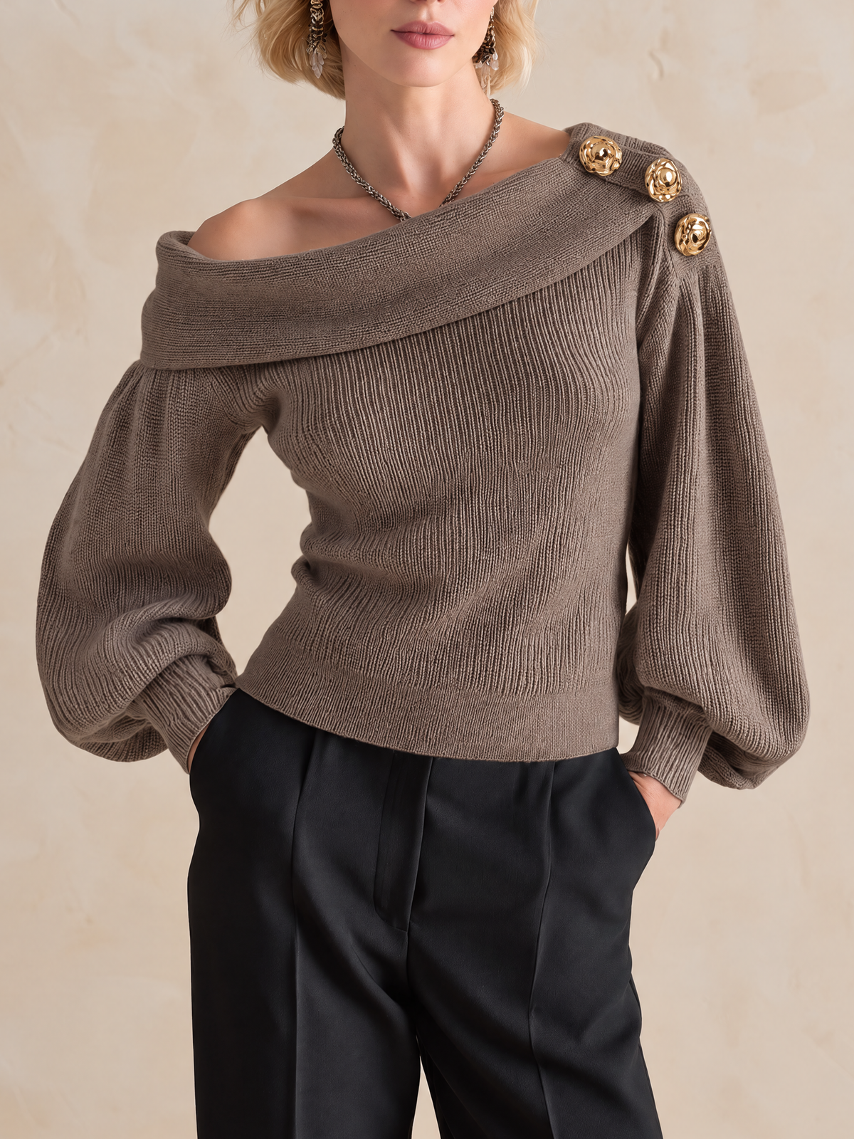Taupe Off-Shoulder Foldover Collar Balloon-Sleeve Wool Knit Top