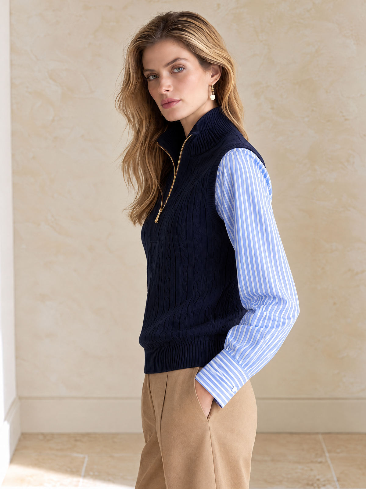 Navy Striped-Sleeve Faux-Layer Wool Knit Top