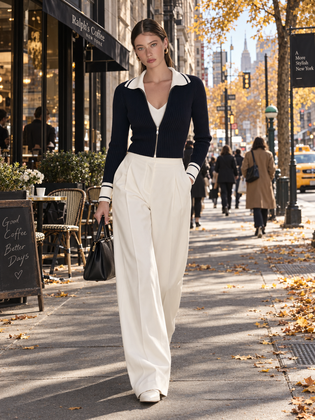 Navy Ribbed Knit Zip-Up Cardigan With Contrast Cream Collar And Striped Cuffs