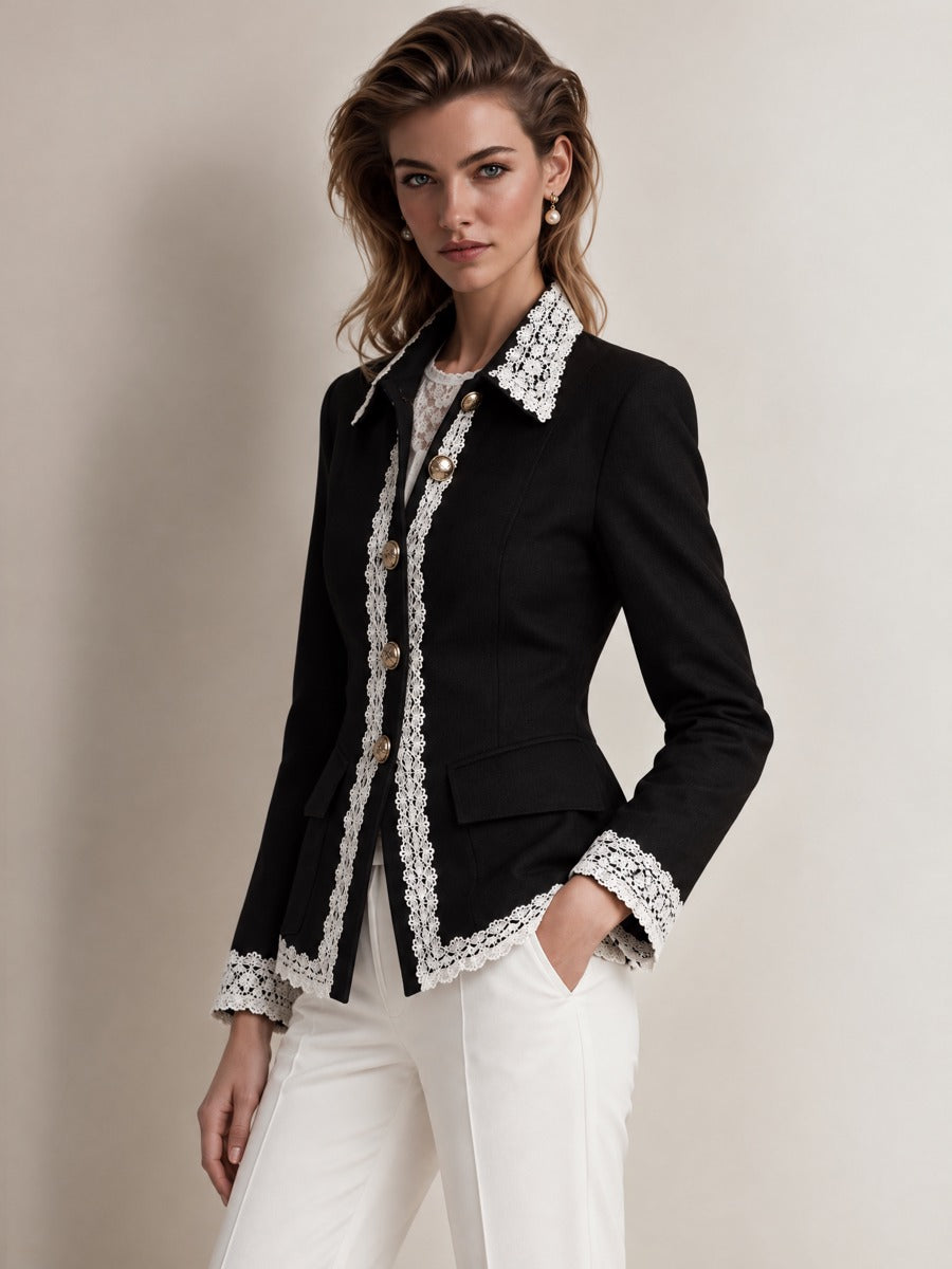 Lace Trim Fitted Point Collar Blazer