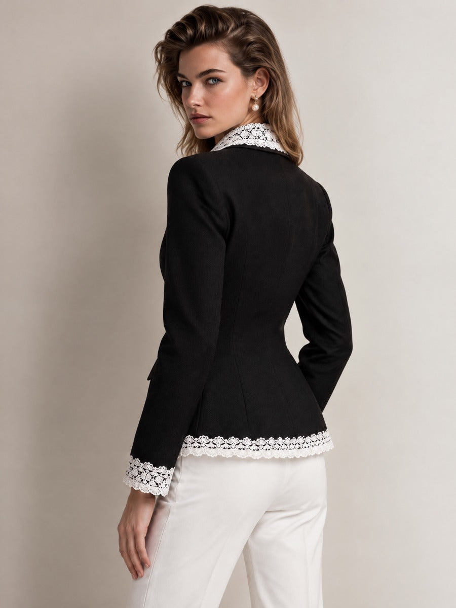 Lace Trim Fitted Point Collar Blazer