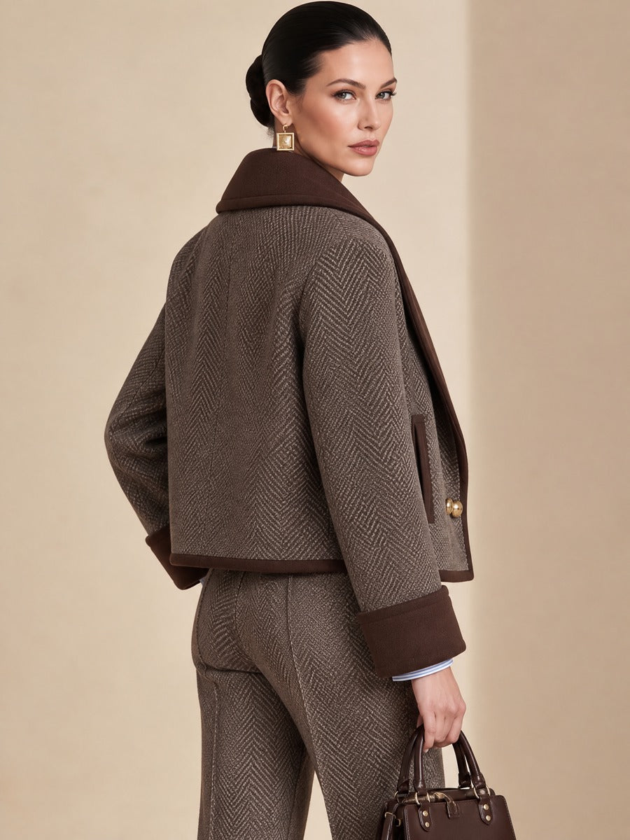 Herringbone Contrast Shawl Collar Short Wool Coat