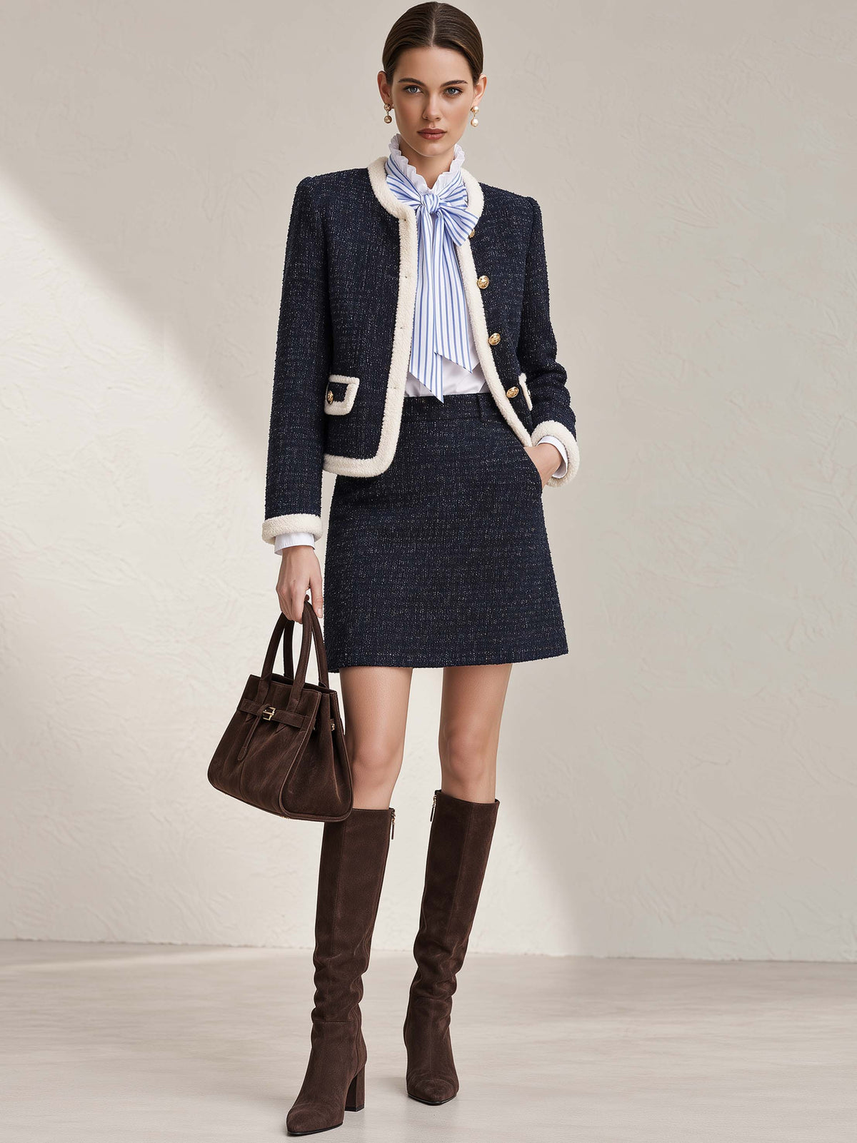 Navy Fleck Tweed A-line Mini Skirt