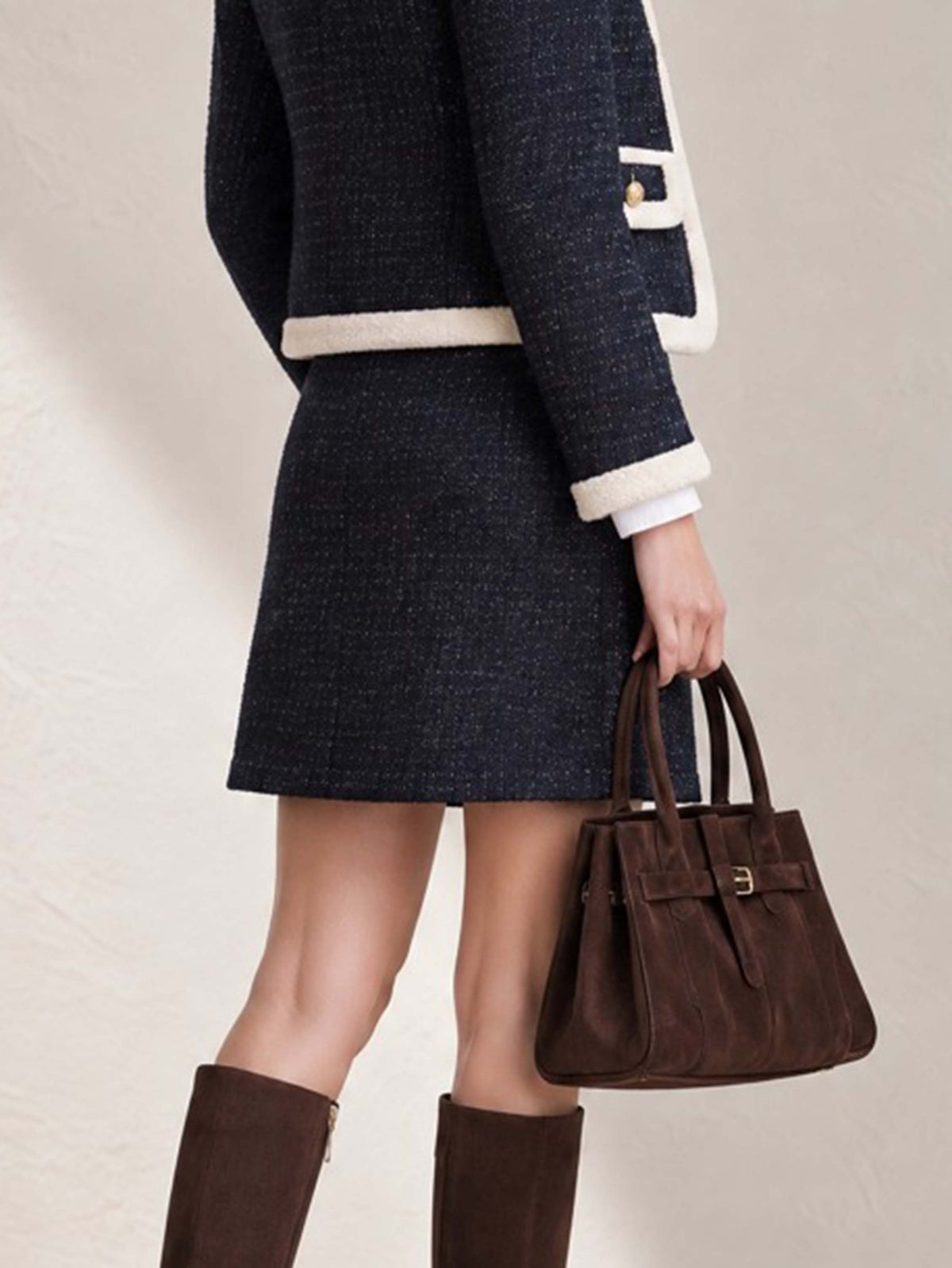 Navy Fleck Tweed A-line Mini Skirt