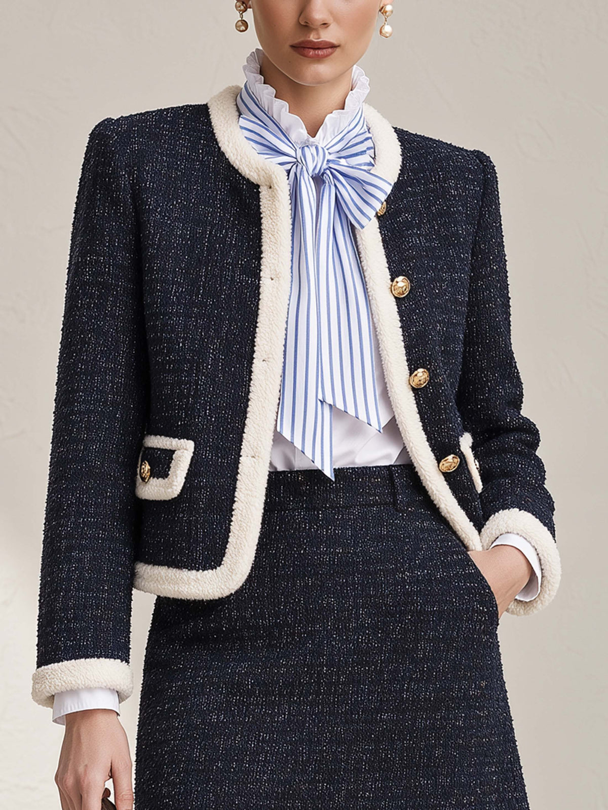 Round Neck Tweed Fleece Piping Gold Button Jacket